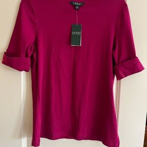 Lauren Ralph Lauren, Women's Short Sleeve Boatneck Tee in Burgundy/Berry